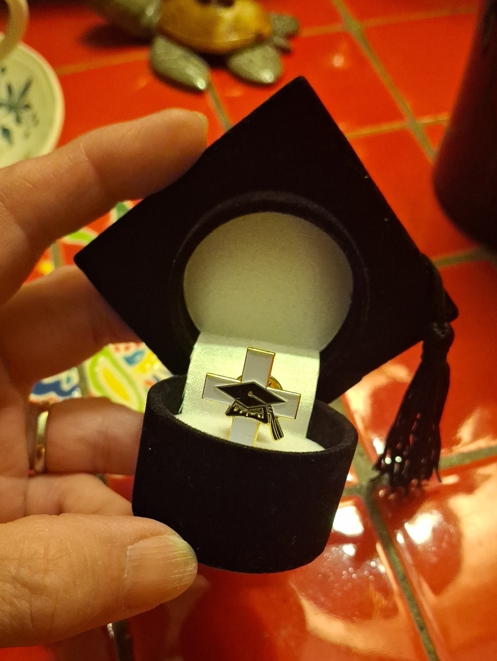 Graduation Cap Ring Box With Lapel Pin Cap Over A Cross Christian Symbol NEW